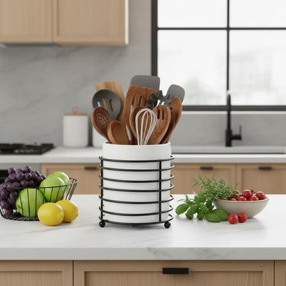 Utensil Holder for Kitchen Counter Large Cooking Utensil Holder,Black Ring Metal Frame and White Ceramics - color: White Black, size: XL