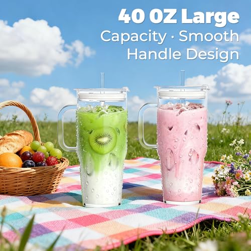 Birity 2Pack 40OZ Glass Tumbler with Handle,Glass Cup with Lid and Straw,Reusable Glass Iced Coffee Cup for Beer, Smoothies, Juice,Hot/Cold Drinks-Suitable for Birthday,Wedding - color: 40 oz 2-pack borosilicate