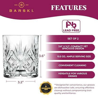 Barski Whiskey Glasses - Double Old Fashioned Rocks Glass - Set of 2 Lowball Tumbler - DOF Crystal Glass Tumblers - For Scotch - Bourbon - Water - Beverage - Drinking Glasses - 10.5 oz, Made in Europe - size: Set of 2 Tumbler 10.5 oz