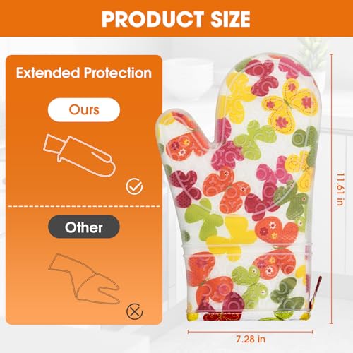 Silicone Oven Mitts Set Heat Resistant 2PCS Kitchen Mittens with Soft Cotton Lining Long Waterproof Non-Slip Oven Gloves for Cooking, BBQ, Baking-Flower - color: Flower