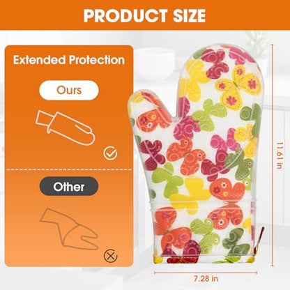 Silicone Oven Mitts Set Heat Resistant 2PCS Kitchen Mittens with Soft Cotton Lining Long Waterproof Non-Slip Oven Gloves for Cooking, BBQ, Baking-Flower - color: Flower