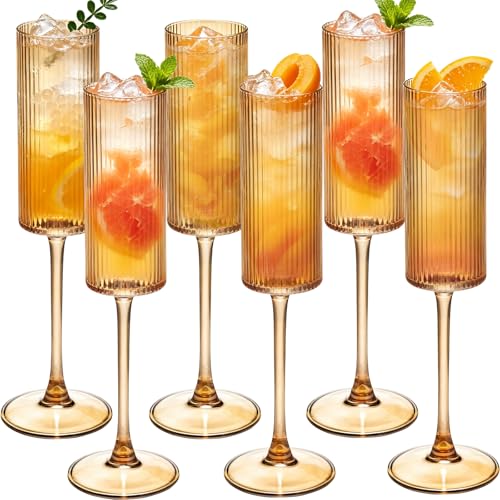 Champagne Flutes Set of 6,Vintage Ribbed Crystal Hand Blown 6 OZ Goblet Champagne Glasses Long Stem,Elegant Sparkling Wine Stemware Drinking Cocktail Unique Gift for Birthday, Wedding, Anniversary - color: Amber, size: 6 PCS