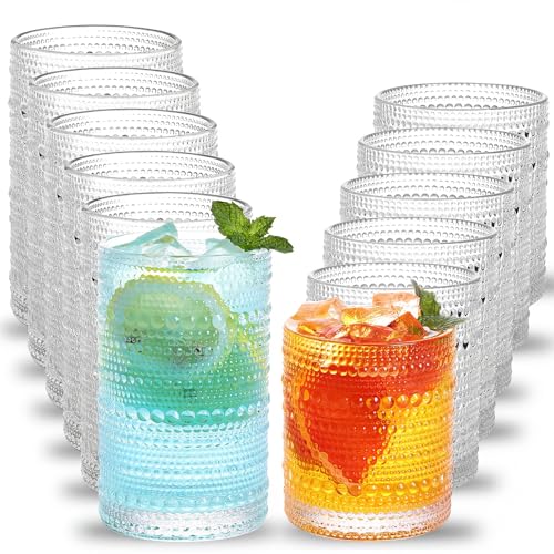 Moretoes Hobnail Drinking Glasses Set of 12, Vintage Water Glass Cups | 12 Oz Highball Glasses & 10 Oz Cocktail Glasses, Clear Embossed Boho Kitchen Bar Tumbler for Whiskey, Beer, Juice, Milk - color: Clear, size: 12pcs