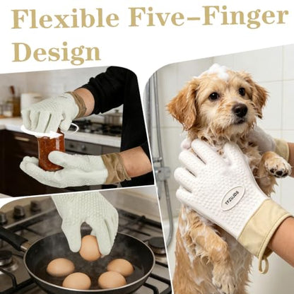 Silicone Oven Gloves with Fingers Heat Resistant 450°F in Kitchen | 1Pair Silicone Oven Mitts, Waterproof, Non-Slip, Extended Cuff Cotton Lined Kitchen Mitts for Baking Cooking Barbecue(White) - style: white