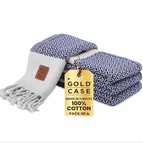 Gold CASE Turkish Hand Towels for Bathroom Set of 4 – 20 x 40'' – 100% Cotton Bathroom Towels – Aphrodite Kitchen Small Towel for Spa, Face, Tea & Dishcloth – Decorative Patterned Weave – Navy Blue - color: Navy Blue, size: Aphrodite Hand Towel