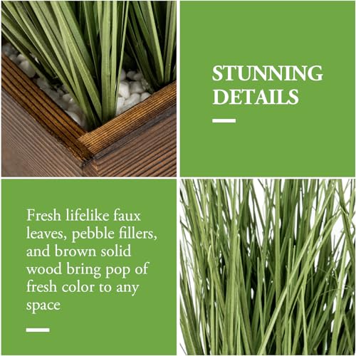MyGift Artificial Green Grass Plants Trio in Rustic Burnt Solid Wood Planter Boxes, Faux Greenery in Decorative 4 Inch Square Wooden Containers, Set of 3 - color: Burnt Wood