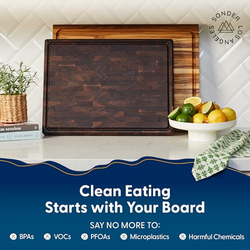 Sonder Los Angeles Welton Cutting Board, End Grain Walnut, 20x15x1.5 in | Made in USA, Non-toxic, Non-Slip Feet, Juice Groove, Built-in Handles, Reversible, Gift Box Included, Large 10.4 lbs - color: Welton | Black Walnut | End Grain