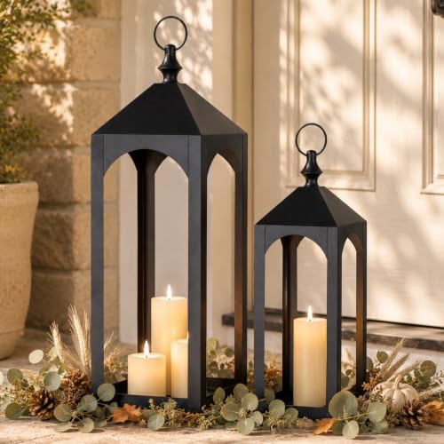 24" & 17" Large Outdoor Floor Lantern, Set of 2 Porch Decor | Tall Metal lanterns Decorative Indoor, for Patio, Fireplace Mantel, Garden Decoration - size: Large Set