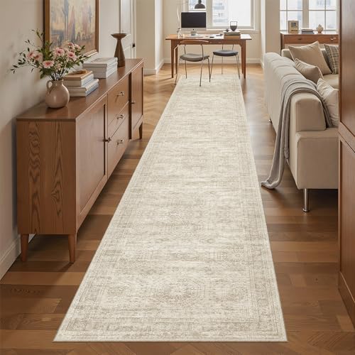 Soalmost Runner Rug 2x10 Washable Non-Slip Hallway Kitchen Runners Beige | Stain Resistant Vintage Rugs for Bathroom Laundry Room, Low Pile Foldable Floor Carpet Mat for Entryway Corridor Bedroom - color: Beige, size: 2' x 10' (Runner)