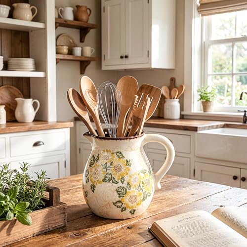 Retro Rustic Ceramic Utensil Holder 6.1" Modern Farmhouse Utensil Crock with Handle Kitchen Organizer for Countertop Home Decoration Housewarming Gift(Sunflower) - style: Sunflower