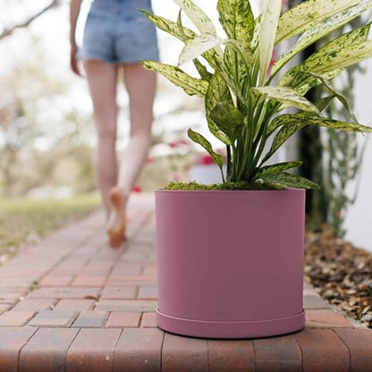 Bloem Mathers 12" Plastic Planter - Modern Indoor Pot with Drainage Holes and Saucer Tray, Dusty Rose - color: Dusty Rose, size: 12"