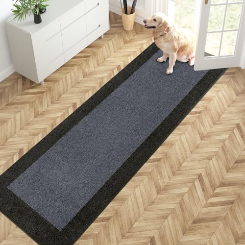 PURRUGS Hallway Runner Rug, 24" x 84", Bluish Grey & Charcoal | Machine Washable, Non-Slip, Waterproof TPR Backing, Super Absorbent, Low Profile, For Hallway, Kitchen, and Entryway - color: Bluish Grey & Charcoal, size: 24" X 84"