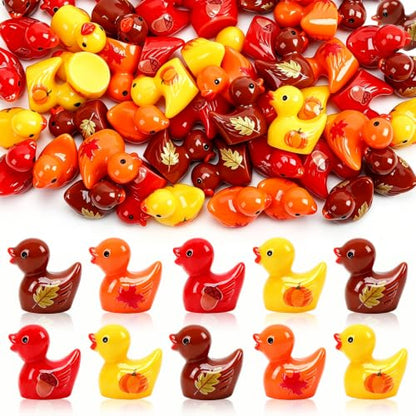 JUNEBRUSHS 50Pcs Fall Mini Resin Ducks Thanksgiving Miniature Figures | Autumn Ducks with Pumpkin,Acorn,Maple Leaf Designs,for DIY Crafts,Dollhouse Decor, Party Favor Gifts - style: Autumn Duck Style