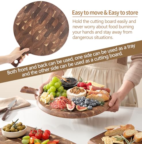 XINZUO Acacia Wood End-Grain Round Cutting Board with Handle for Kitchen Bread Pizza Cheese Fruit Charcuterie Serving Cutting Board, Two-sided Use, 16.7 x 12.5 x 0.75 inches - size: 16.7"L x 12.5"W