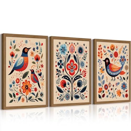 Scandinavian Folk Wall Art Nodic Flower Canvas Wall Decor Norwegian Wall Art Poster Swedish Antique Wall Decor Pictures Floral Bird Prints Vintage Poster for Home Kitchen 12x16x3 Inch Framed - color: Colorful Flower Prints Art, size: 16"L x 12"W, style: F