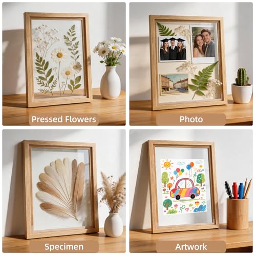 11x14 Floating Picture Frames Set of 2, Natural | Double HD Plexiglass Floating Frame Display Any Size Picture up to 11x14, Tabletop or Wall Hanging - color: Natural
