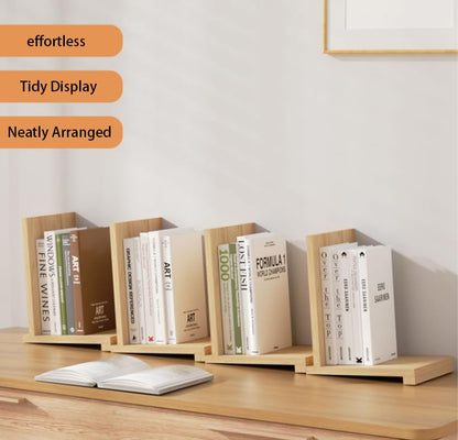 Solid Wood Desktop Bookshelf Organizer for Home Office & Student Desk – Natural Rubberwood Book Holder with Adjustable Shelves & Metal Bookmarks, Minimalist Design (Yellow)”