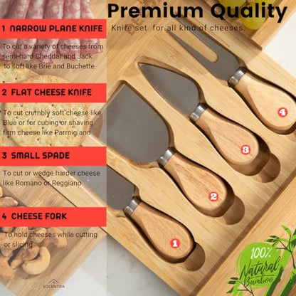 Bamboo Cheese Board with Knife Set – 13.5" x 11.5" Large Charcuterie Board with Hidden Utensil Drawer, Serving Platter for Wine & Appetizers