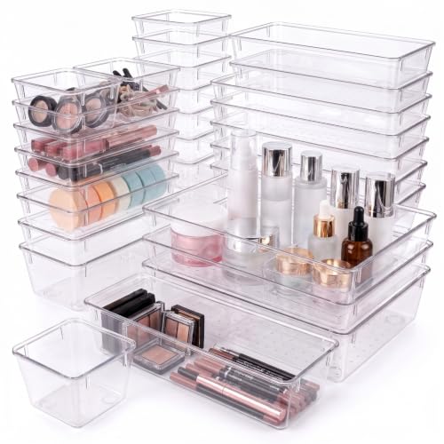 ZANORA 25 PCS Clear Plastic Drawer Organizer Set, Drawer Dividers Organizers with 4 Sizes Storage Trays, Bathroom Drawer Organizers Makeup, Vanity Drawer Organizer, Desk & Kitchen Storage Bins