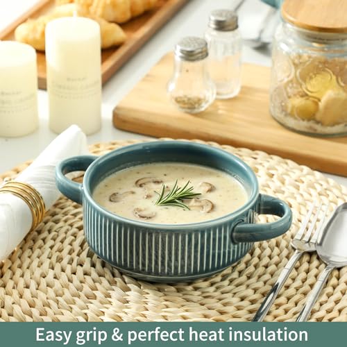 Soup Bowls with Handles, 23 oz French Onion Soup Crocks, Stackable Soup Bowl Oven Safe for Chili, Beef Stew, Embossment Ceramic Bowl Set - 5.4 Inch, Set of 4,Light blue - color: Light Blue