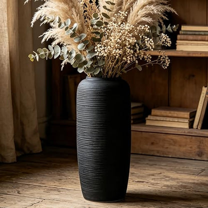 Black Rustic Ceramic Floor Vase, 15.7 Inch, Ribbed Texture | Living Room, Entryway, Fireplace, Pampas Grass, Dried Branches - size: 15.7 Inch