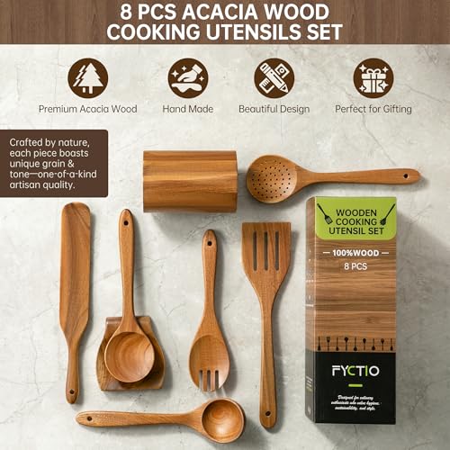 8 PCS Natural Acacia Wooden Utensil Set Wooden Spoons for Cooking | Non-Toxic Acacia Wood, Nonstick Safe, Sturdy Easy to Clean, Includes Holder & Spoon Rest, Great Kitchen Gift - size: 8 PCS SET