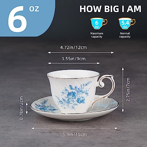 Agyiuns tea cups and saucers ceramic coffee mug 6oz for Coffee, Latte, Cafe Mocha and Tea-Set of 4,Blue - color: White with blue flowers