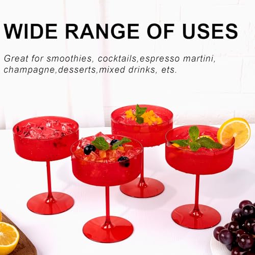 Ciaell 12 Pack Red Plastic Martini Glasses for Bars Parties | 10 oz Red Coupe Cocktail Cups, Heavy Duty Plastic, Cocktails Whiskey Margaritas Wine for Weddings Anniversaries Outdoor - color: Basic Red