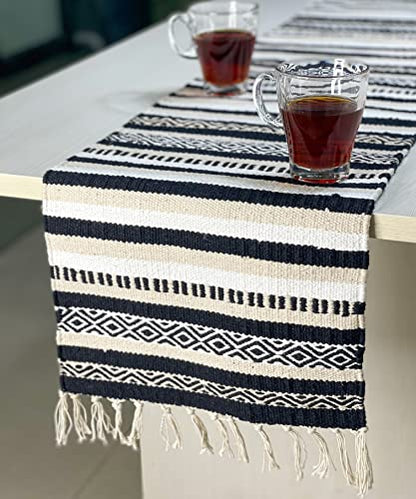 Black, Cream, White Boho Table Runner | Cotton Farmhouse Table Linen 13x72 Inches| Machine Washable, Durable and Easy to Combine - color: Ivory-black, size: 13x72 Inch.
