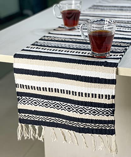 Black, Cream, White Boho Table Runner | Cotton Farmhouse Table Linen 13x90 Inches| Machine Washable, Durable and Easy to Combine - color: Ivory-black, size: 13x90 Inch.