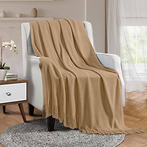 Vonty Light Brown Knitted Blanket with Tassels Fringe 50" x 60", Super Soft Knit Throw Blanket, Farmhouse Decorative Lightweight Blanket for Couch, Sofa, Bed | Super Soft And Lightweight, Year-Round Cozy Warmth, Farmhouse Decorative Style, Machine Washabl