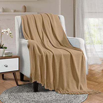 Vonty Light Brown Knitted Blanket with Tassels Fringe 50" x 60", Super Soft Knit Throw Blanket, Farmhouse Decorative Lightweight Blanket for Couch, Sofa, Bed | Super Soft And Lightweight, Year-Round Cozy Warmth, Farmhouse Decorative Style, Machine Washabl