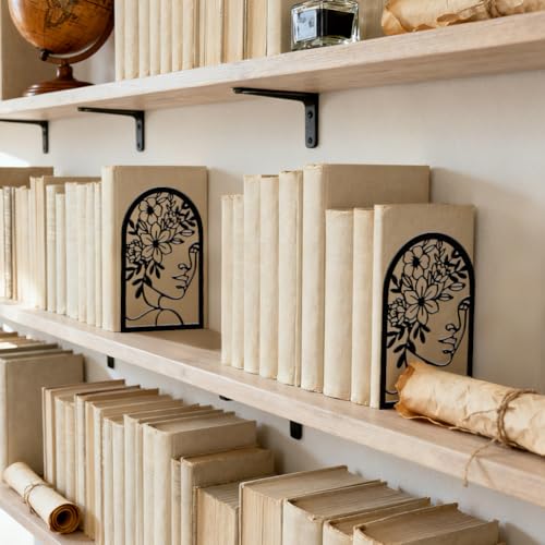 5.3"x4.3"x7.9" Metal Bookends, Heavy Duty Book Ends for Shelves | Lines Flowers With Faces Theme Cast Iron Book Supports, 1 Pair Decor Stoppers for Desk, Library, Office & Home Shelves - style: Lines Flowers With Faces