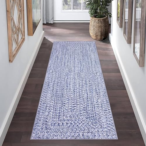ROYHOME Hallway Runner Rug 2x8 Print Braided Runner Rug Washable Rug | Stain Resistant Non-Slip Entryway Rug Farmhouse Solid Printed Textured Floor Carpet for Bedroom Laundry Kitchen, Blue - color: Blue, size: 2' x 8' (Rectangular)