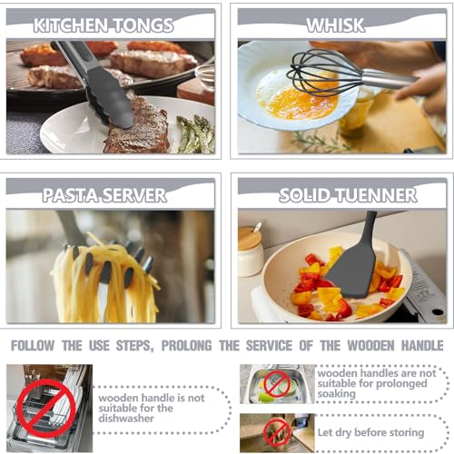 Umite Chef Silicone Kitchen Utensil Set, 34PCS Heat Resistant Kitchen Gadgets and Tools With Grater, Wood Handles for Nonstick Cookware (Dark Gray) - color: Dark Gray