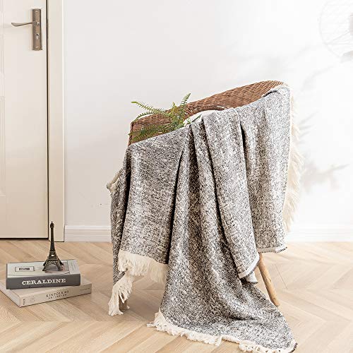 Simple&Opulence Cotton Fringed and Striped Throw Blanket for Bed, Couch,Knit Woven with Tassels Soft Lightweight Cozy Blanket Scarf Shawl Farmhouse Decoration for All-Season (Dark Grey)