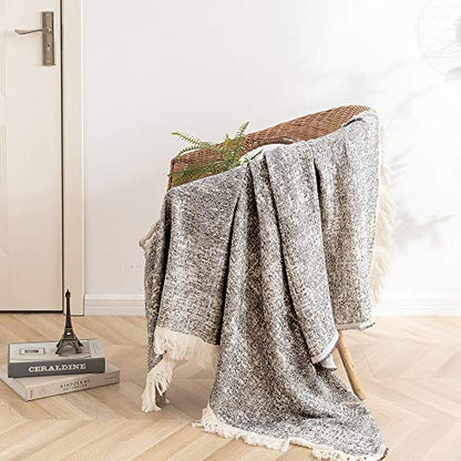 Simple&Opulence Cotton Fringed and Striped Throw Blanket for Bed, Couch,Knit Woven with Tassels Soft Lightweight Cozy Blanket Scarf Shawl Farmhouse Decoration for All-Season (Dark Grey)