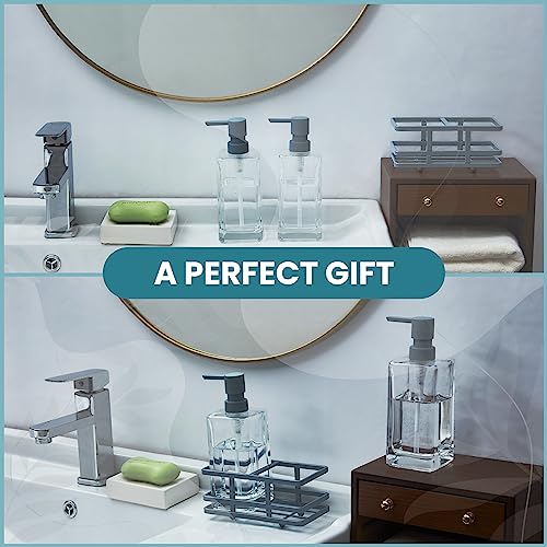 Square 3 Piece Glass Clear Lotion and Soap Pump Dispenser Set with Metal Stand Caddy for Bathroom Bath Kitchen Home Office Travel Hotel Hand Crafted Heavy Weight Spa Blue - color: Spa Blue