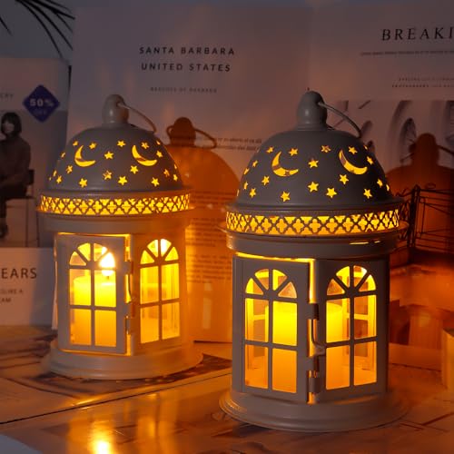 JHY DESIGN Set of 2 Decorative Lanterns-8.5 inch High Vintage Style Hanging Lantern Metal Candle Holder for Indoor Outdoor Events Parities and Weddings (White) - color: White