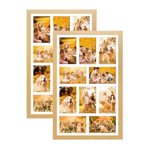 13x21 Collage Frame with 10 Openings 4X6 Pictures, Multiple Picture Frame with Mat, Wall or Tabletop Decor, Natural Wood Grain,2 Pack - color: Natural, size: 13x21-(10 open4x6)-2P