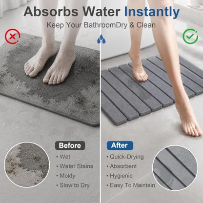 Foldable Stone Bath Mat, Quick Dry Diatomaceous Earth Bath Mat with Non-Slip Mat, Super Absorbent, Easy to Clean, Compact for Bathrooms&Kitchen Counter, 24"×16" & 8"x4", Grey
