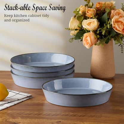 E-far Pasta Bowls, 34oz Stoneware Bowl Plate for Dinner Serving Soup Salad, Wide & Shallow Large Ceramic Pasta Plate Set of 4, Microwave & Dishwasher Safe, Reactive Glaze with Rim, Ocean Blue - color: Ocean Blue