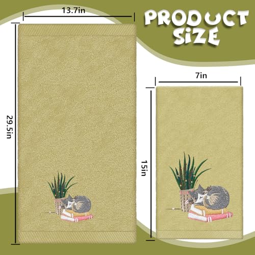 FYSUIMU 3 Pack Cat Hand Towels Green Plant Kitten Embroidered Absorbent Bath Hand Face Towel for Bathroom Hand Drying Kitchen Cleaning Towel Gift Set, 29.5 x 13.7 Inch