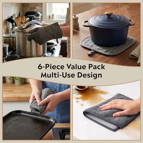 Pot Holders Set, 6 Piece Kitchen Oven Mitts & Towels Set | 2 Pot Holders, 2 Oven Mitts, 2 Dish Towels, Heat Resistant up to 500°F, Ideal for Cooking & Baking - color: 2 Pot Holders, 2 Mitts, 2 Towels