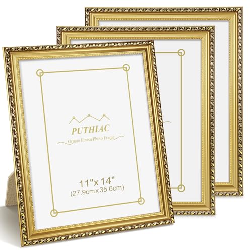 11x14 Gold Picture Frame Set of 3, Vintage Ornate Decorative Photo Frames, Tabletop or Wall Display, Acrylic Front, Antique Gold - color: Antique Gold 3P, size: 11x14