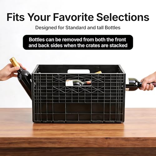 Stackable Wine Rack for Cabinet,12-Bottle Crate, Set of 3, Black | Dual-access modular horizontal wine rack organizer, recycled plastic crates stack to 8ft, fits cellar, home bar or wine shelf