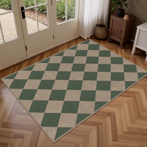 Easy Jute Checkered Indoor Outdoor Doormat, 2.6x4 Green Modern Entryway Rug Non-Slip Washable Kitchen Rug, Neutral Farmhouse Diamond Throw Rugs for Entrance Bedroom Porch Patio - color: Green Checkered, size: 2.6' x 4' (Rectangular)