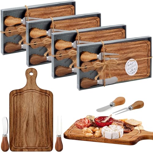 4 Set Bridal Baby Shower Cheese Prizes Wooden Square Board Gift Set Knives Forks Thank You Tags with Box for Guests for Valentines Bridal Baby Shower Housewarming Gifts (Acacia Color) - color: Acacia Color