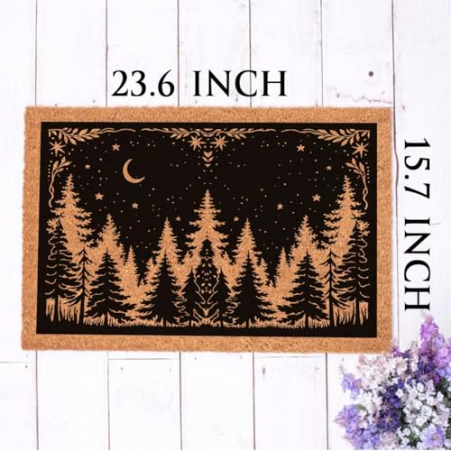 Funny Entryway Outdoor with Heavy Duty Front Porch Patio Welcome Natural Coir Door Mat Novelty House Warming Gift Mat 23.7 x 15.7 inch (Woodland Pine Tree Night Sky)