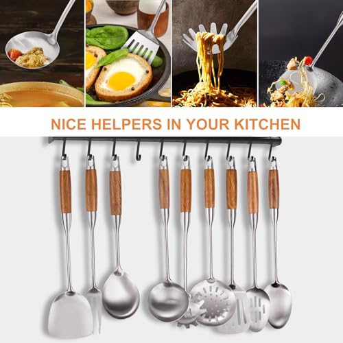 9 PCS 304 Stainless Steel Cooking Utensils set with Wooden Handle, Metal Kitchen Utensils Set, Large Heat Resistant Wooden Handle Kitchen Tools, Stainless Steel Wok Spatula
